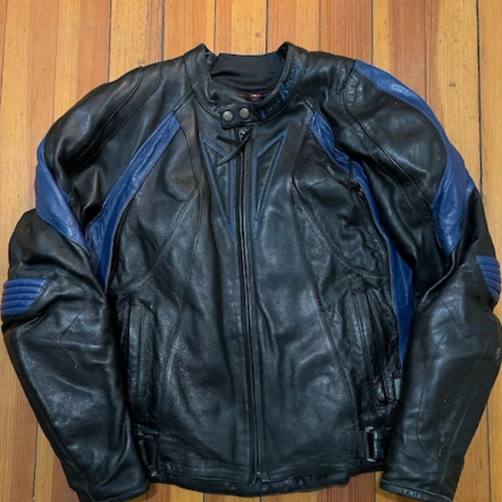 First Racing Men's Jacket Large Black Leather Blue Trim Padded Motorcycle size M